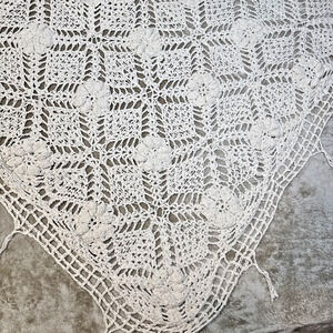 Vintage Crocheted Knitted Bedspread Tablecloth Cream White Cottage Core Country